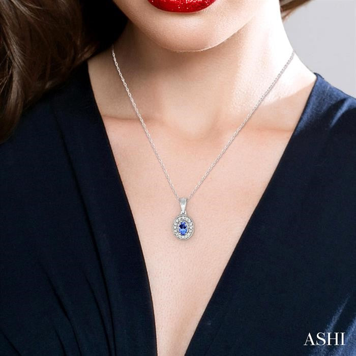 6x4 MM Oval Cut Tanzanite and 1/5 ctw Round Cut Diamond Pendant in 14K White Gold with Chain