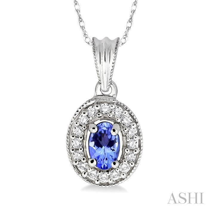 6x4 MM Oval Cut Tanzanite and 1/5 ctw Round Cut Diamond Pendant in 14K White Gold with Chain