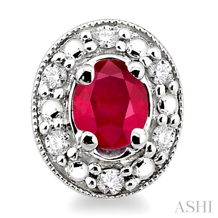4x3 MM Oval Shaped Ruby and 1/10 Ctw Round Cut Diamond Earrings in 14K White Gold