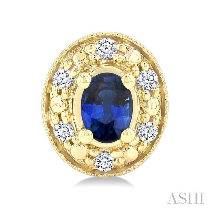 4x3 MM Oval Shaped Sapphire and 1/10 Ctw Round Cut Diamond Earrings in 14K Yellow Gold