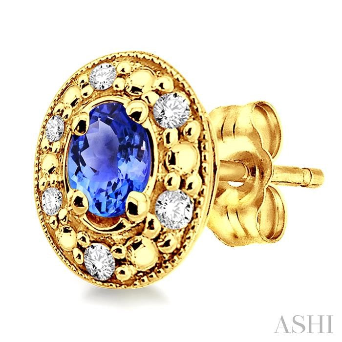 4x3 MM Oval Shaped Tanzanite and 1/10 Ctw Single Cut Diamond Earrings in 14K Yellow Gold