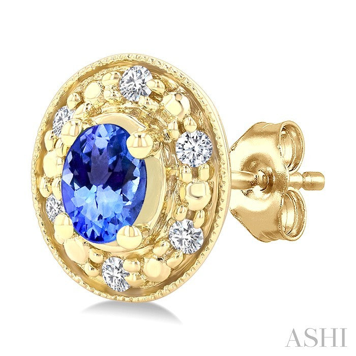 4x3 MM Oval Shaped Tanzanite and 1/10 Ctw Round Cut Diamond Earrings in 14K Yellow Gold
