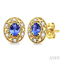 4x3 MM Oval Shaped Tanzanite and 1/10 Ctw Single Cut Diamond Earrings in 14K Yellow Gold