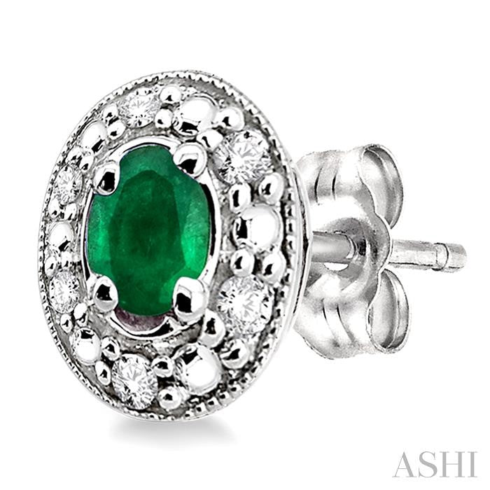 4x3 MM Oval Shaped Emerald and 1/10 Ctw Round Cut Diamond Earrings in 10K White Gold