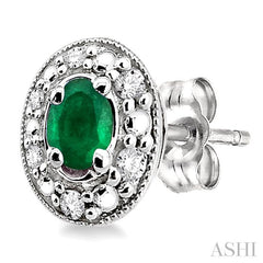 4x3 MM Oval Shaped Emerald and 1/10 Ctw Round Cut Diamond Earrings in 10K White Gold