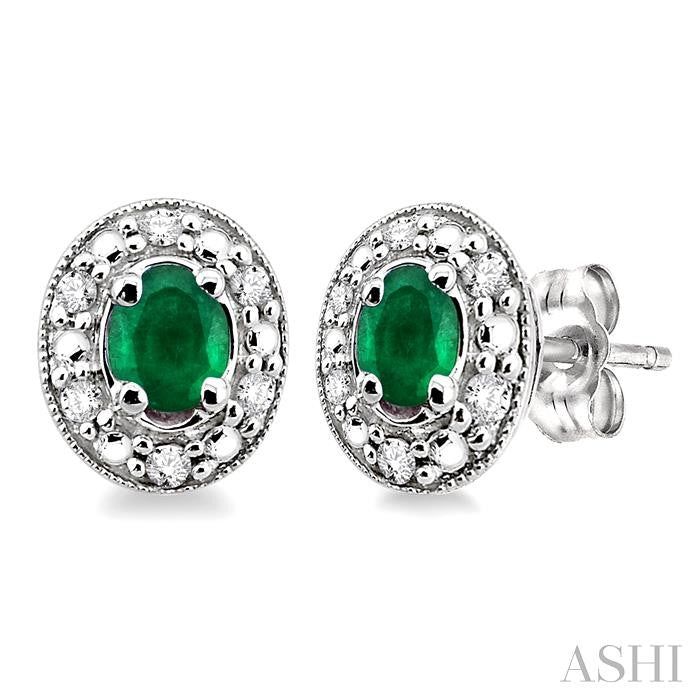 4x3 MM Oval Shaped Emerald and 1/10 Ctw Round Cut Diamond Earrings in 10K White Gold