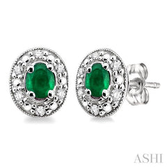4x3 MM Oval Shaped Emerald and 1/10 Ctw Round Cut Diamond Earrings in 10K White Gold