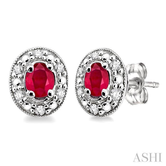 4x3 MM Oval Shaped Ruby and 1/10 Ctw Round Cut Diamond Earrings in 10K White Gold