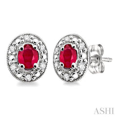 4x3 MM Oval Shaped Ruby and 1/10 Ctw Round Cut Diamond Earrings in 10K White Gold