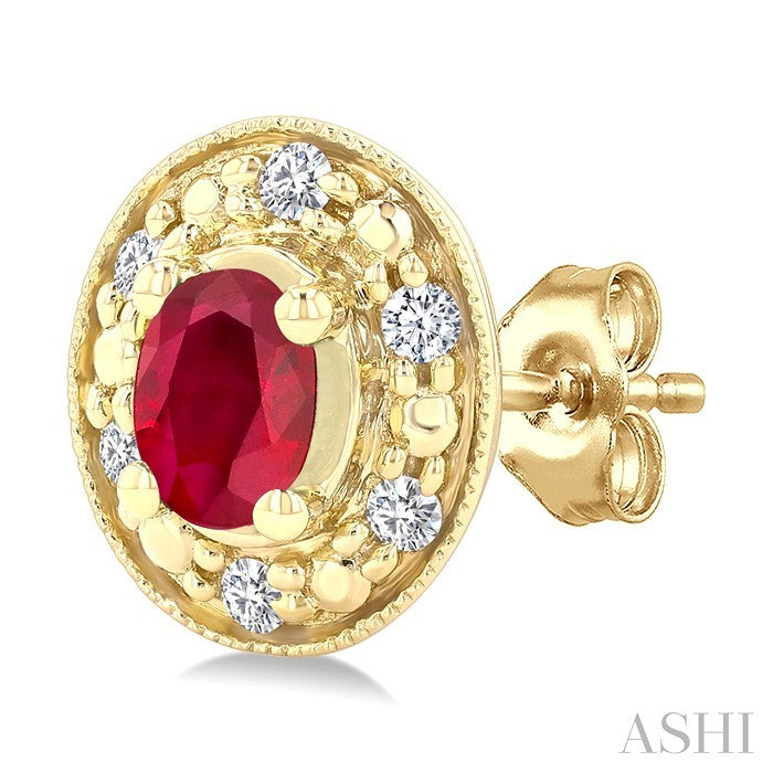 4x3 MM Oval Shaped Ruby and 1/10 Ctw Round Cut Diamond Earrings in 10K Yellow Gold