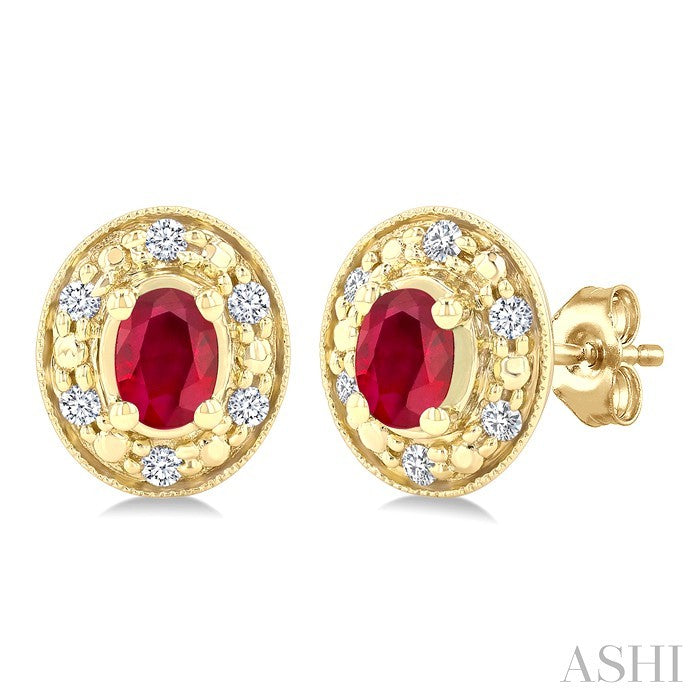 4x3 MM Oval Shaped Ruby and 1/10 Ctw Round Cut Diamond Earrings in 10K Yellow Gold