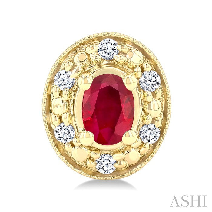4x3 MM Oval Shaped Ruby and 1/10 Ctw Round Cut Diamond Earrings in 10K Yellow Gold