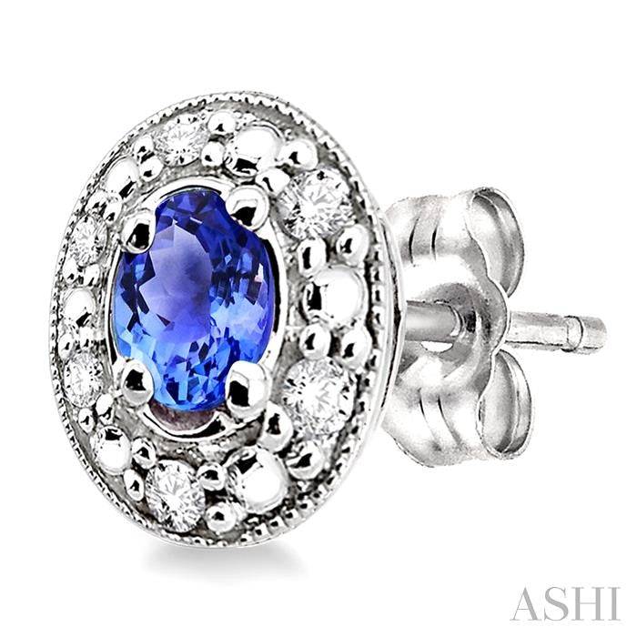 4x3 MM Oval Shaped Tanzanite and 1/10 Ctw Round Cut Diamond Earrings in 10K White Gold
