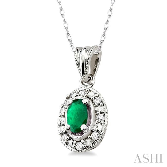 5x3 MM Oval Shape Emerald and 1/20 ctw Single Cut Diamond Pendant in 14K White Gold with Chain