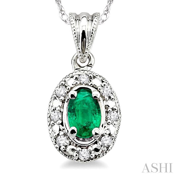 5x3 MM Oval Shape Emerald and 1/20 ctw Single Cut Diamond Pendant in 14K White Gold with Chain