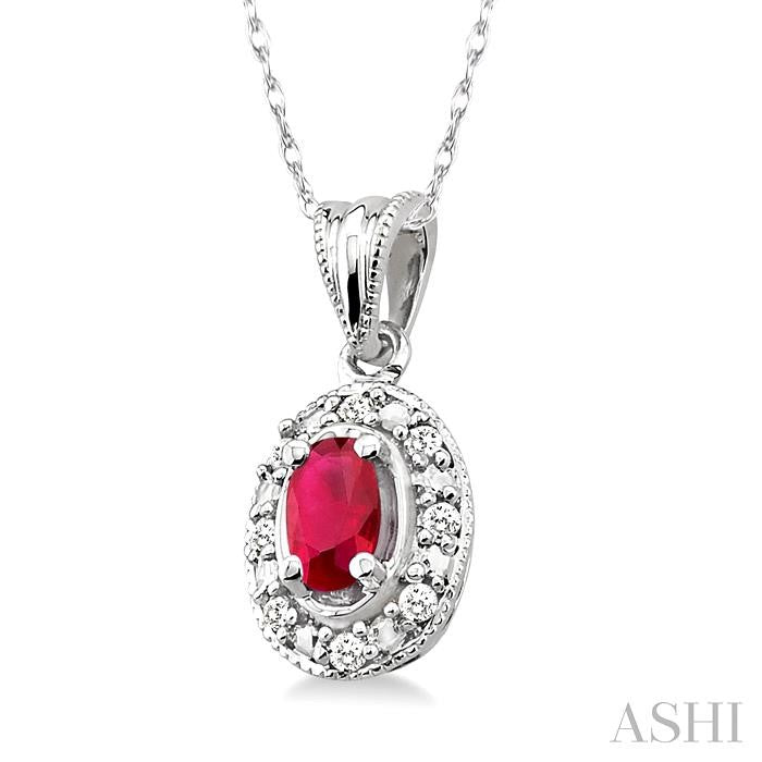 5x3 MM Oval Shape Ruby and 1/20 ctw Single Cut Diamond Pendant in 14K White Gold with Chain