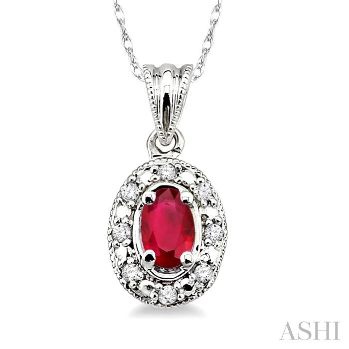 5x3 MM Oval Shape Ruby and 1/20 ctw Single Cut Diamond Pendant in 14K White Gold with Chain