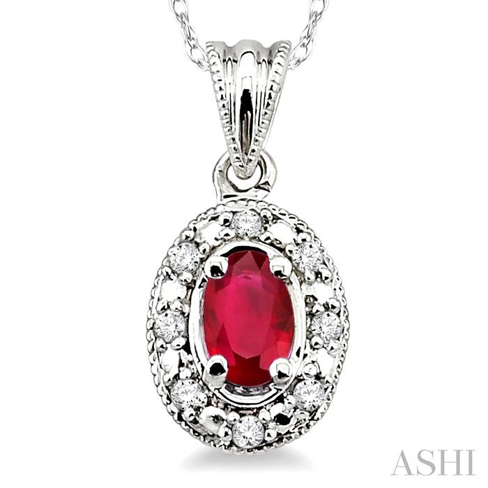 5x3 MM Oval Shape Ruby and 1/20 ctw Single Cut Diamond Pendant in 14K White Gold with Chain