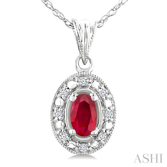 5x3 MM Oval Shape Ruby and 1/20 Ctw Round Cut Diamond Pendant in 14K White Gold with Chain
