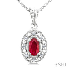 5x3 MM Oval Shape Ruby and 1/20 Ctw Round Cut Diamond Pendant in 14K White Gold with Chain
