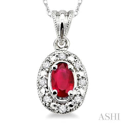 5x3 MM Oval Shape Ruby and 1/20 ctw Single Cut Diamond Pendant in 14K White Gold with Chain