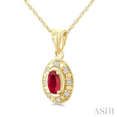 5x3 MM Oval Shape Ruby and 1/20 Ctw Round Cut Diamond Pendant in 14K Yellow Gold with Chain