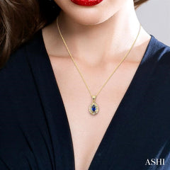 5x3 MM Oval Shape Sapphire and 1/20 Ctw Round Cut Diamond Pendant in 14K Yellow Gold with Chain