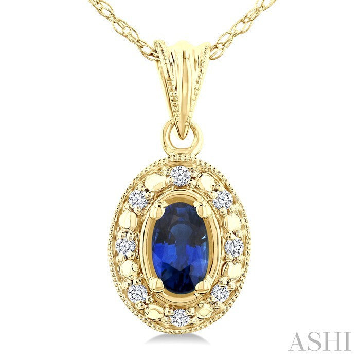 5x3 MM Oval Shape Sapphire and 1/20 Ctw Round Cut Diamond Pendant in 14K Yellow Gold with Chain