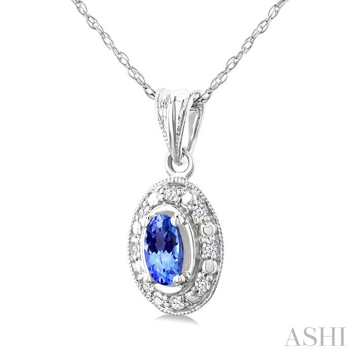 5x3 MM Oval Shape Tanzanite and 1/20 Ctw Round Cut Diamond Pendant in 14K White Gold with Chain