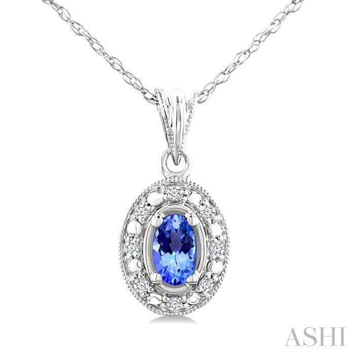 5x3 MM Oval Shape Tanzanite and 1/20 Ctw Round Cut Diamond Pendant in 14K White Gold with Chain