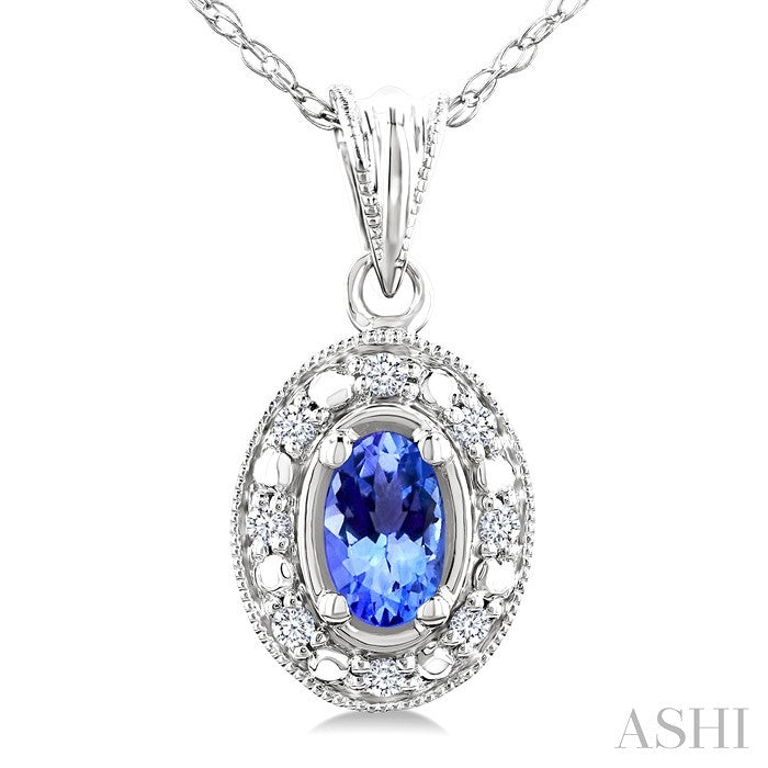 5x3 MM Oval Shape Tanzanite and 1/20 Ctw Round Cut Diamond Pendant in 14K White Gold with Chain