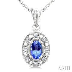5x3 MM Oval Shape Tanzanite and 1/20 Ctw Round Cut Diamond Pendant in 14K White Gold with Chain