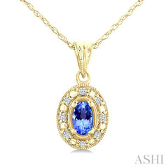 5x3 MM Oval Shape Tanzanite and 1/20 Ctw Round Cut Diamond Pendant in 14K Yellow Gold with Chain