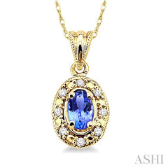 5x3 MM Oval Shape Tanzanite and 1/20 ctw Single Cut Diamond Pendant in 14K Yellow Gold with Chain