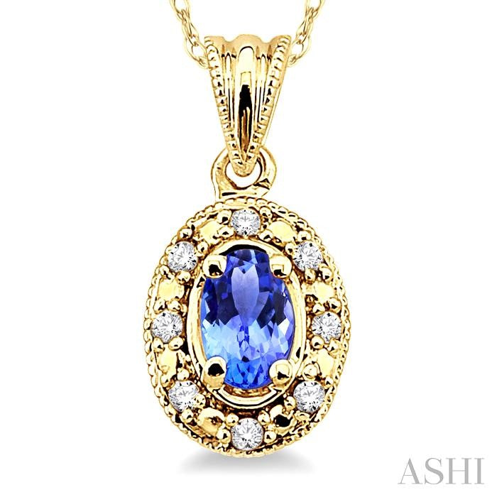 5x3 MM Oval Shape Tanzanite and 1/20 ctw Single Cut Diamond Pendant in 14K Yellow Gold with Chain