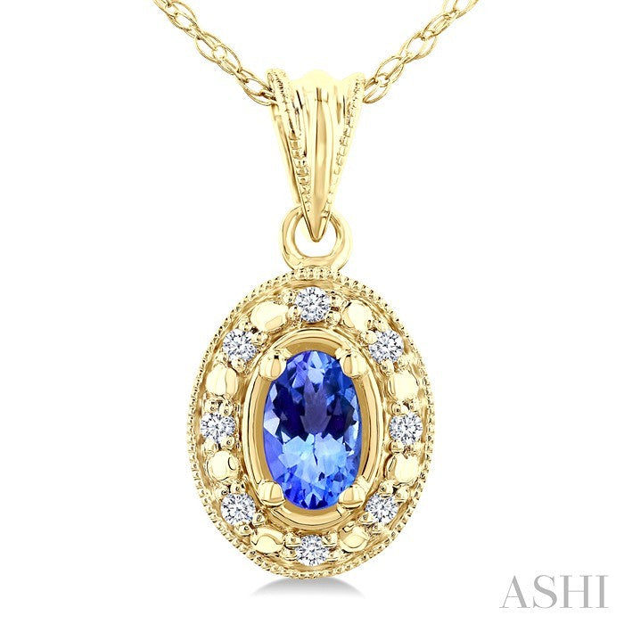 5x3 MM Oval Shape Tanzanite and 1/20 Ctw Round Cut Diamond Pendant in 14K Yellow Gold with Chain