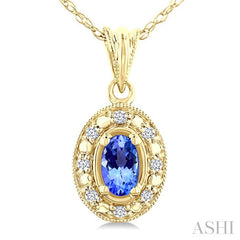 5x3 MM Oval Shape Tanzanite and 1/20 Ctw Round Cut Diamond Pendant in 14K Yellow Gold with Chain