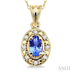 5x3 MM Oval Shape Tanzanite and 1/20 ctw Single Cut Diamond Pendant in 14K Yellow Gold with Chain