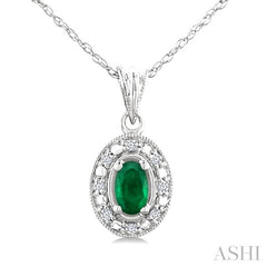 5x3 MM Oval Shape Emerald and 1/20 Ctw Round Cut Diamond Pendant in 10K White Gold with Chain