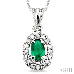 5x3 MM Oval Shape Emerald and 1/20 ctw Single Cut Diamond Pendant in 10K White Gold with Chain