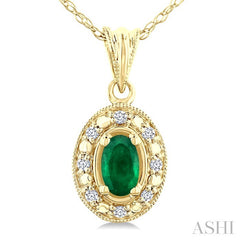 5x3 MM Oval Shape Emerald and 1/20 Ctw Round Cut Diamond Pendant in 10K Yellow Gold with Chain