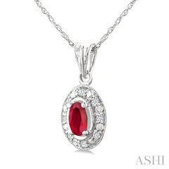 5x3 MM Oval Shape Ruby and 1/20 Ctw Round Cut Diamond Pendant in 10K White Gold with Chain.