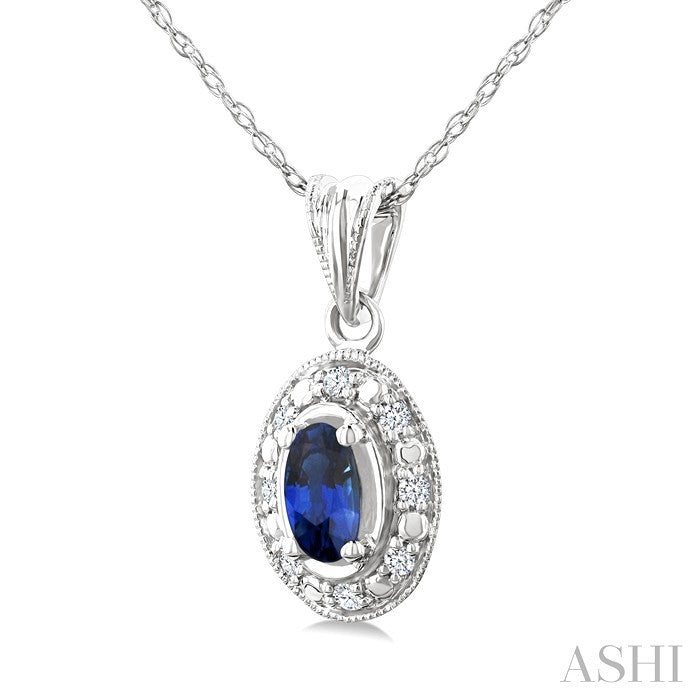 5x3 MM Oval Shape Sapphire and 1/20 Ctw Round Cut Diamond Pendant in 10K White Gold with Chain
