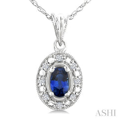 5x3 MM Oval Shape Sapphire and 1/20 Ctw Round Cut Diamond Pendant in 10K White Gold with Chain