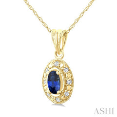 5x3 MM Oval Shape Sapphire and 1/20 Ctw Round Cut Diamond Pendant in 10K Yellow Gold with Chain