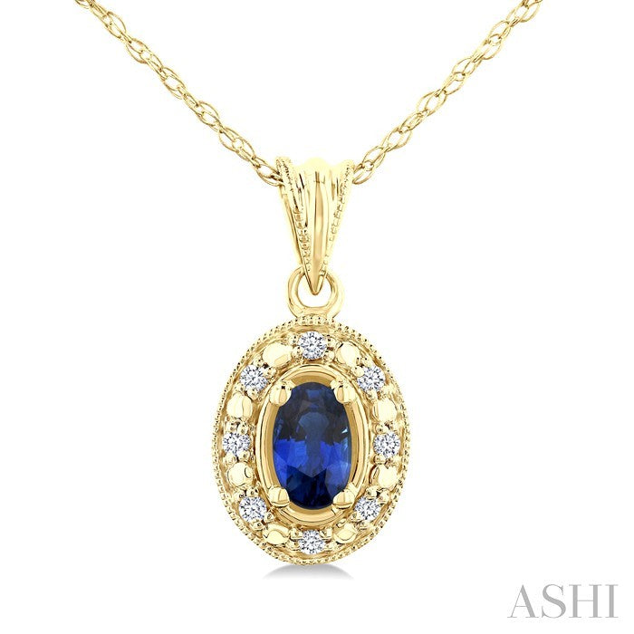 5x3 MM Oval Shape Sapphire and 1/20 Ctw Round Cut Diamond Pendant in 10K Yellow Gold with Chain