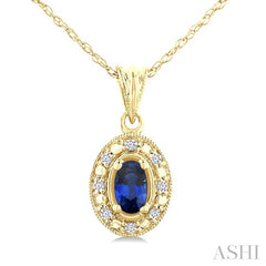5x3 MM Oval Shape Sapphire and 1/20 Ctw Round Cut Diamond Pendant in 10K Yellow Gold with Chain