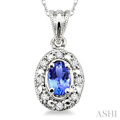 5x3 MM Oval Shape Tanzanite and 1/20 ctw Single Cut Diamond Pendant in 10K White Gold with Chain