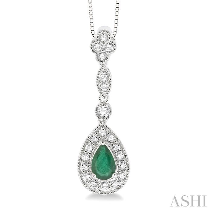 6x4 MM Pear Shape Emerald and 1/4 Ctw Round Cut Diamond Pendant in 14K White Gold with Chain