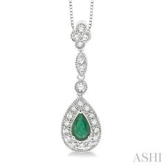 6x4 MM Pear Shape Emerald and 1/4 Ctw Round Cut Diamond Pendant in 14K White Gold with Chain